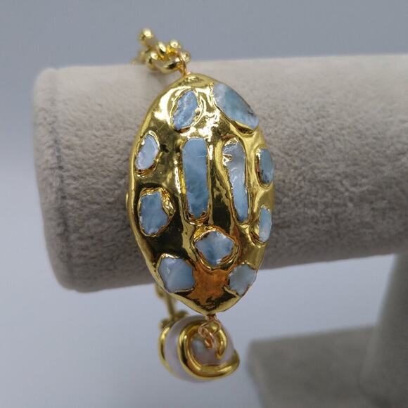 Gold Plated Larimar Gemstone Pearl Bracelet, 8 1/2 Inches, Rhinestone Clasp - Picture 9 of 10